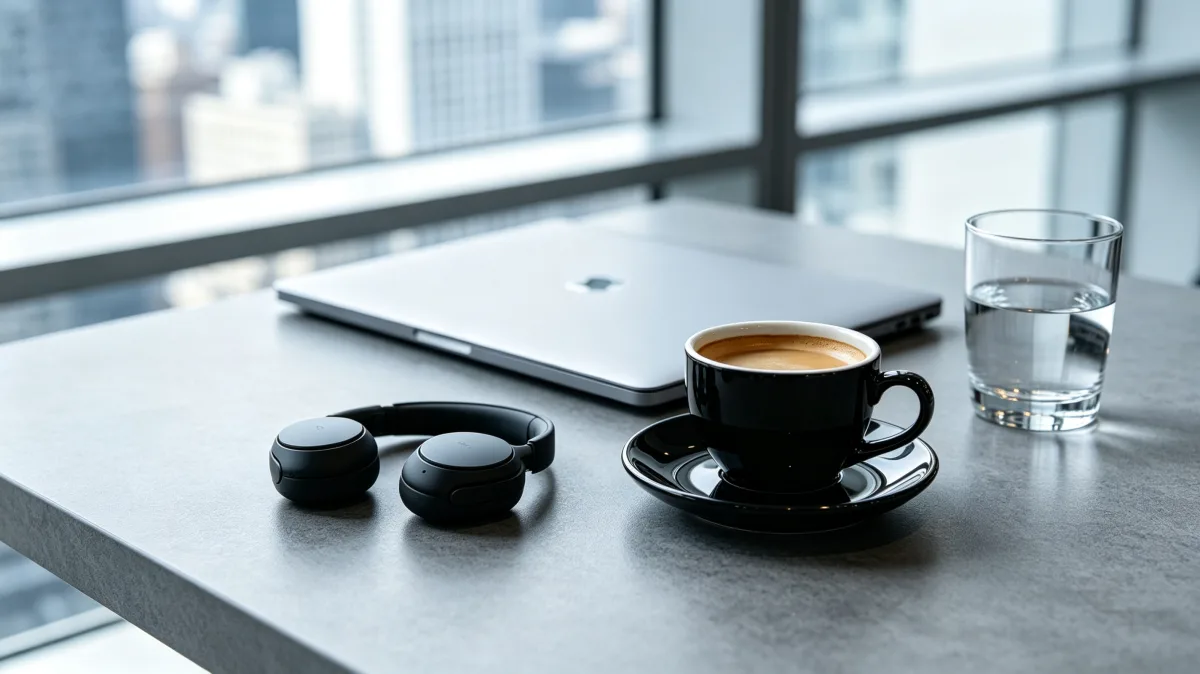 black coffee beside laptop headphones and water glass on office desk