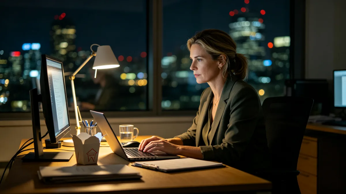 A woman works at a desk after dark with computer monitors, lamp light, and city lights behind her, capturing focused late-shift productivity, analysis, online work, and deadline concentration.