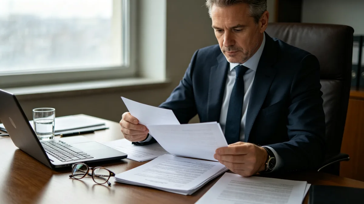 A suited man reads printed documents at a desk beside a laptop, glass of water, and window light, conveying formal review, finance paperwork, legal documents, or high-level administrative focus.