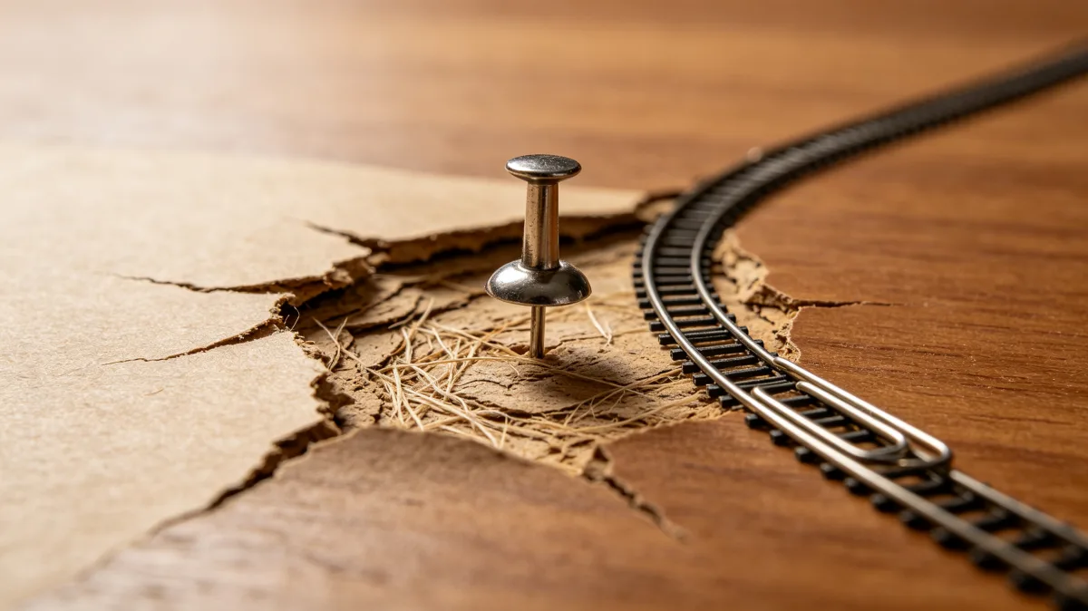 a metal thumbtack pins into a cracked wooden surface beside a curved rail-like line, creating a miniature domestic detail about fixing, marking, planning, or noticing damage in familiar furniture.