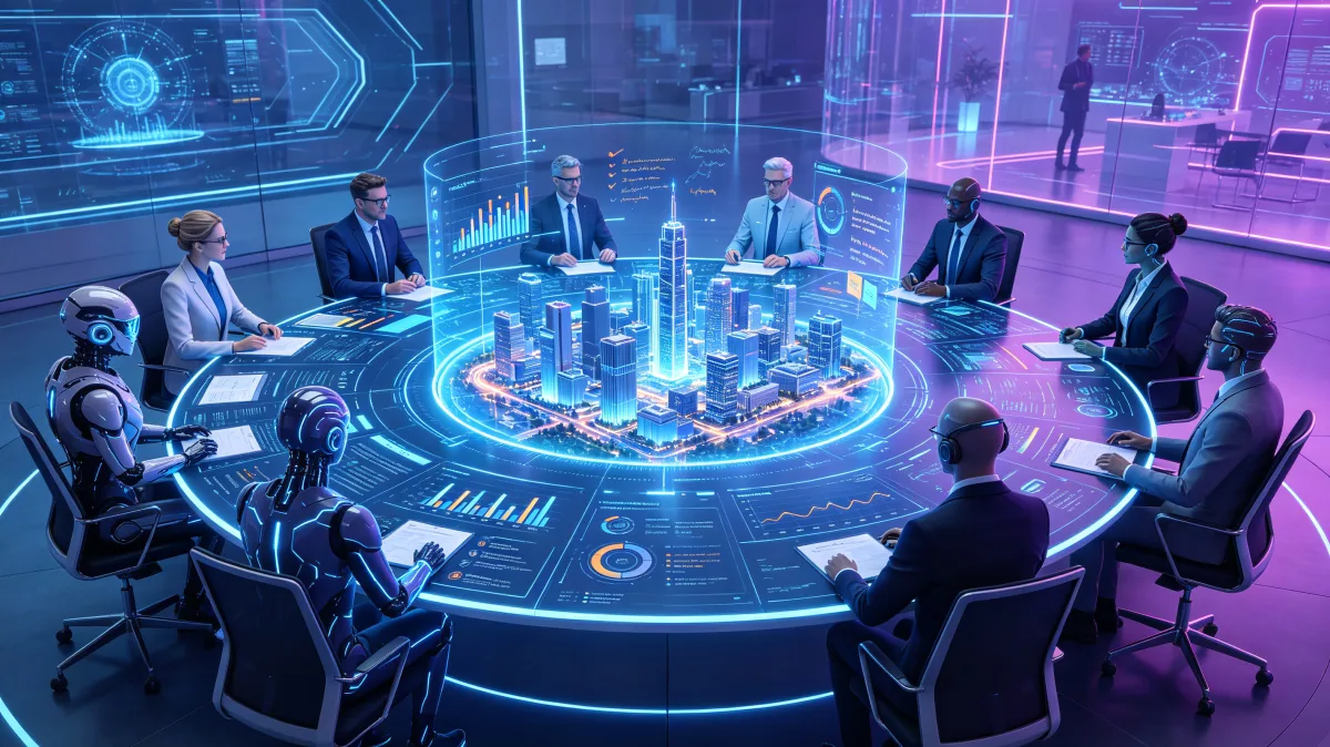 Boardroom meeting with holographic city model AI analytics and robots