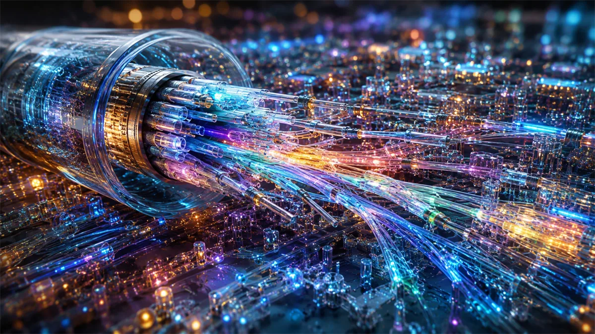 A close cable opening releases colorful light streams into a citylike digital field, forming a vivid metaphor for broadband capacity, data transmission, internet traffic, and the speed of optical...