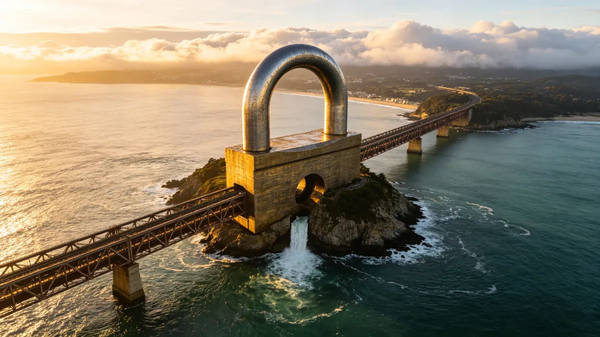 a monumental padlock attaches to a coastal bridge between rocky islands at golden hour, suggesting security, protected access, locked routes, data privacy, or the guarding of strategic connections.