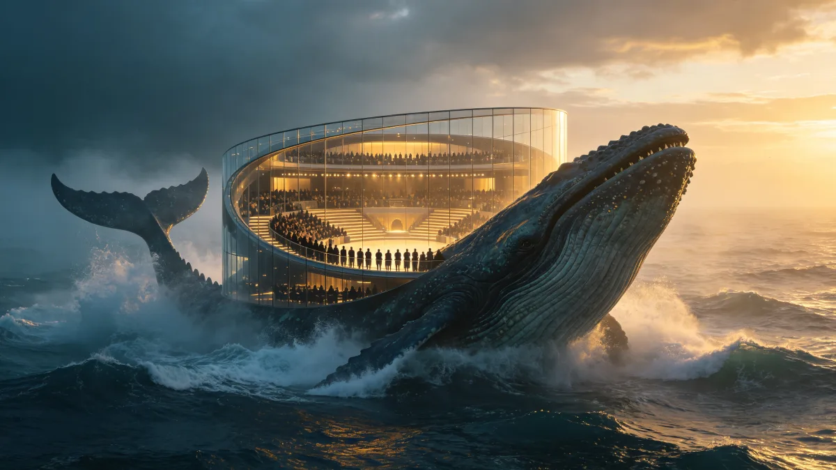 Whale Beside Futuristic Ocean Stadium