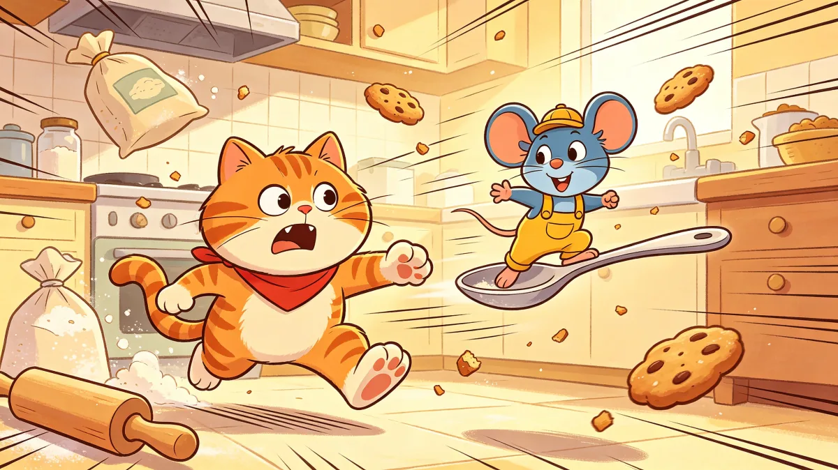 A colorful storybook cartoon scene featuring cat and mouse cookie chase in kitchen, designed for playful children-friendly illustration use.