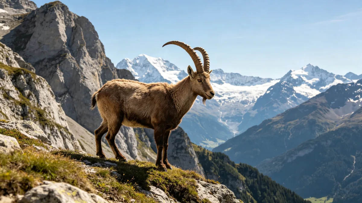 Alpine ibex standing on mountain ridge with snow peaks behind