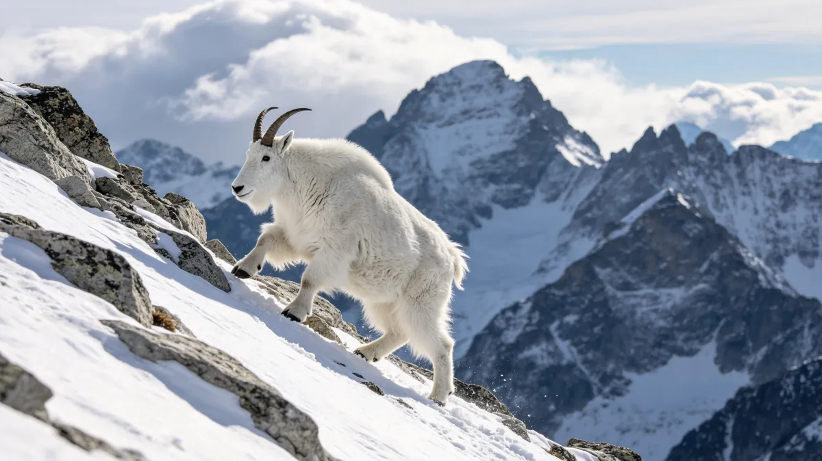 Mountain goat climbing steep snowy alpine mountainside