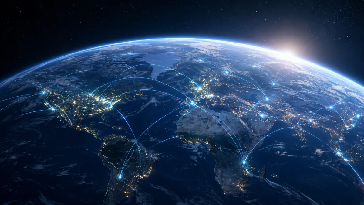 A view of Earth from orbit glows with city lights and blue connection lines crossing continents, representing international networks, global data exchange, cloud services, and the invisible...