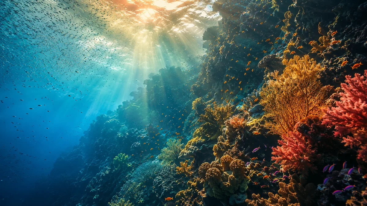 sunlit underwater coral reef with turquoise water