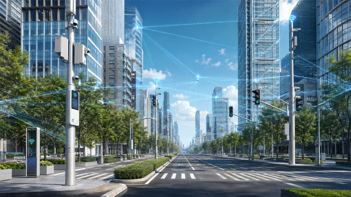 A clean urban avenue between glass towers is overlaid with blue communication lines, representing smart city services, traffic sensors, public connectivity, building networks, and connected urban...