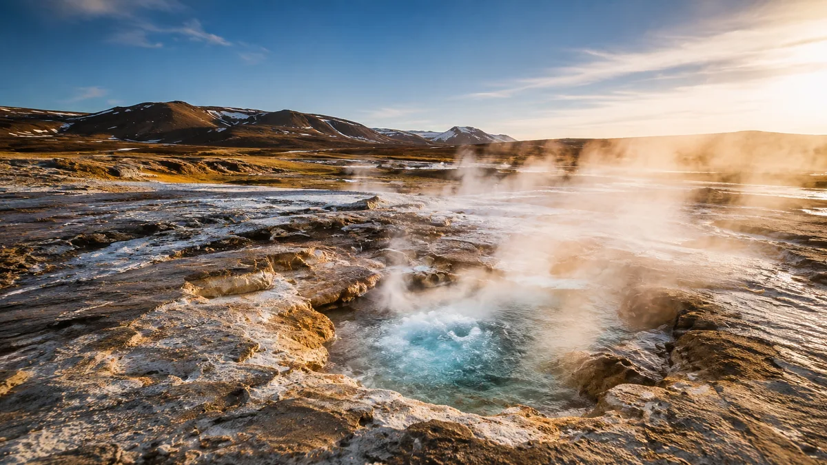 Steam rises from a turquoise geothermal pool in a rocky volcanic landscape.
