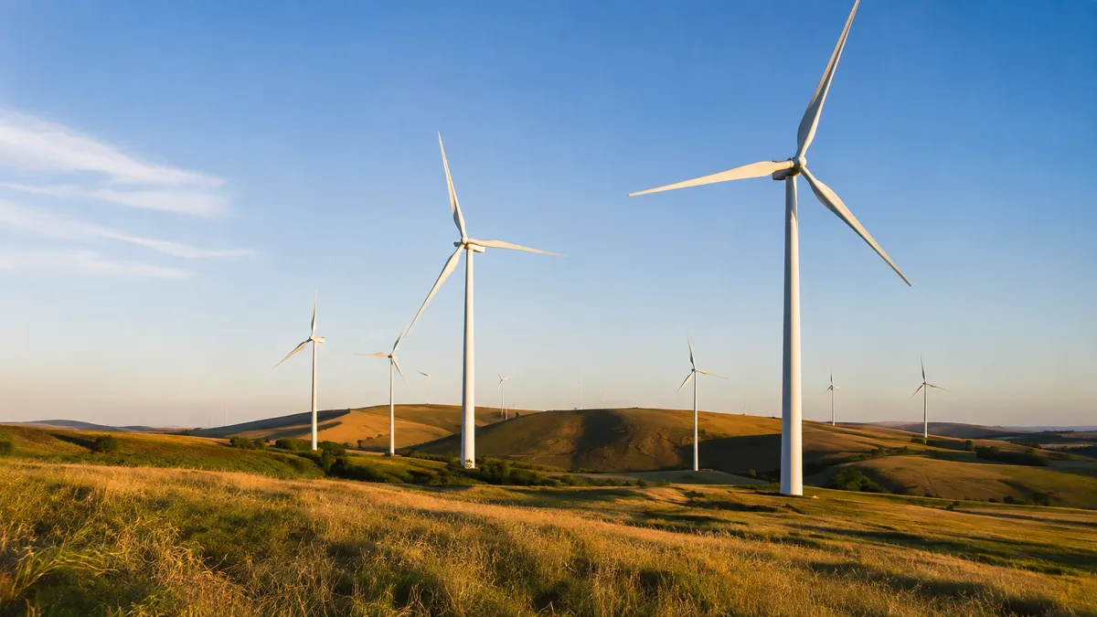 Wind turbines rise over golden hills beneath a clear blue sky.