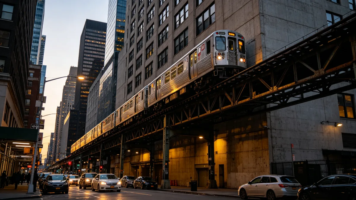 elevated train over city street with traffic and high-rises