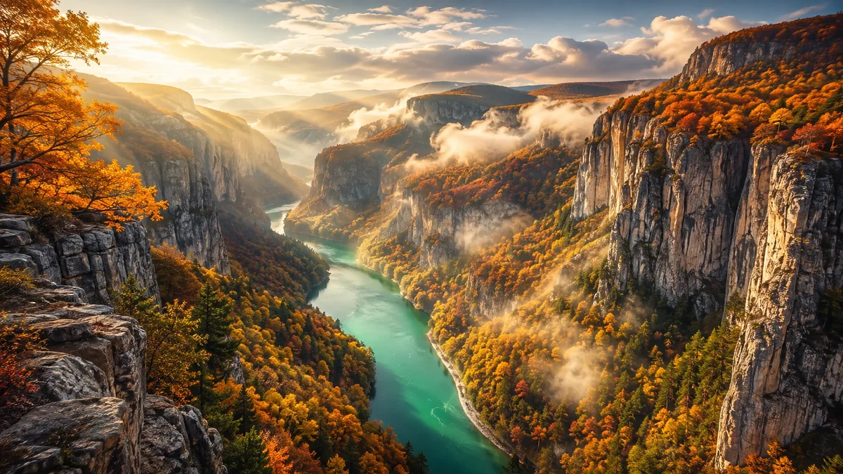 autumn canyon cliffs with winding turquoise river