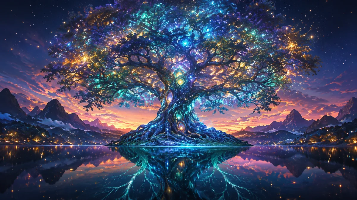 glowing cosmic tree on island under starry sky