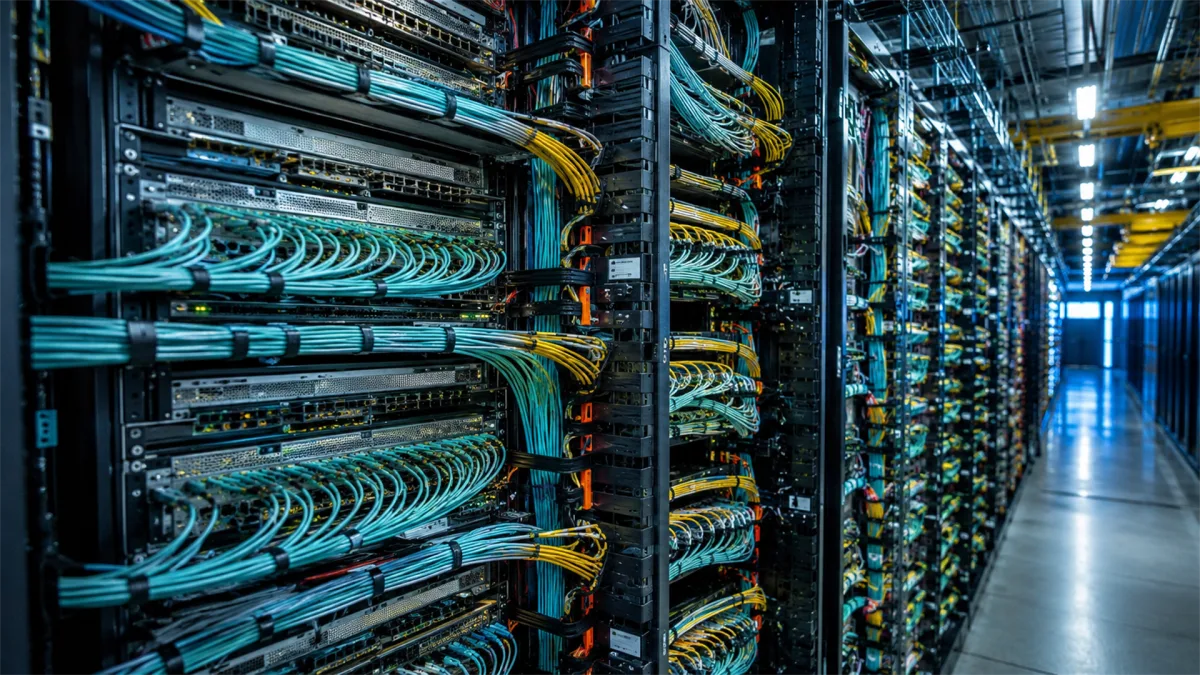 A close view of server racks shows dense turquoise and yellow cabling arranged through network equipment, highlighting structured cabling, switching hardware, high-density infrastructure, and...