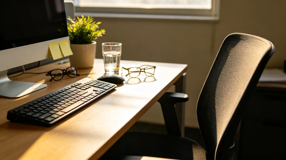 A tidy desk with keyboard, monitor, chair, water glass, glasses, and sunlight through a window shows a quiet workspace ready for focused office work without people.