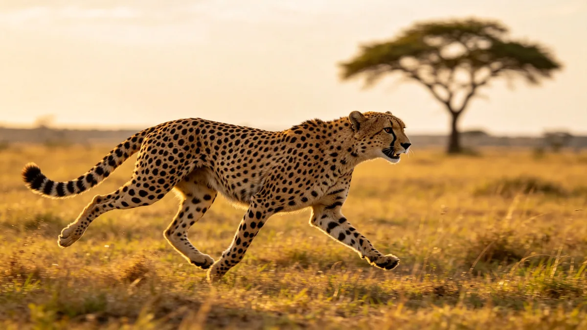 Cheetah running fast across African grassland