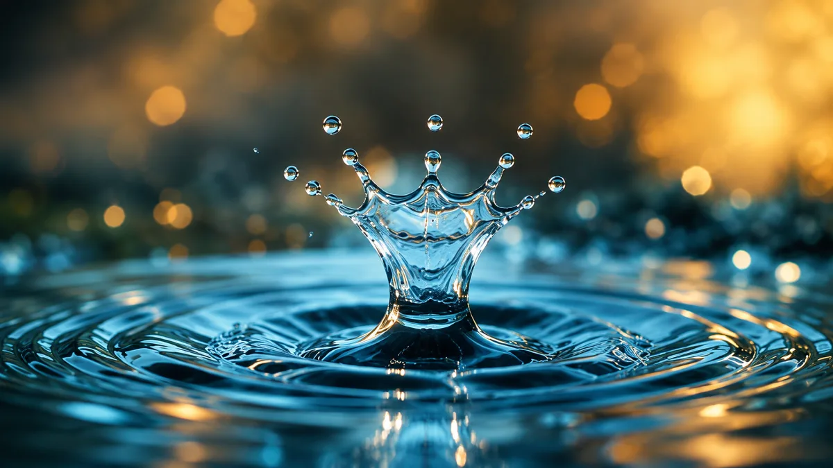 macro water droplet crown splash with golden bokeh