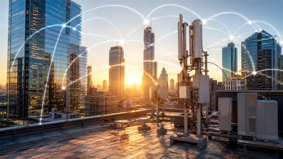 Wireless communication equipment sits on a rooftop among tall buildings at golden hour, with arcs connecting towers across the skyline for mobile backhaul, smart city coverage, and dense urban...
