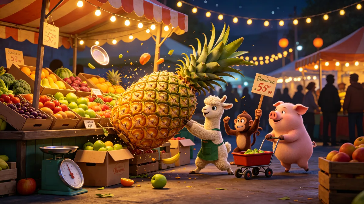 A colorful storybook cartoon scene featuring night market animals with giant pineapple, designed for playful children-friendly illustration use.
