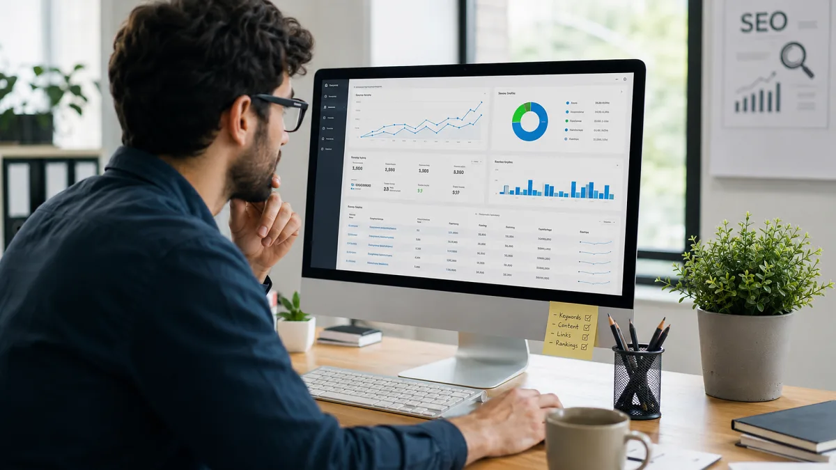 A person studies ecommerce analytics, SEO, and dashboard metrics on a desktop monitor.