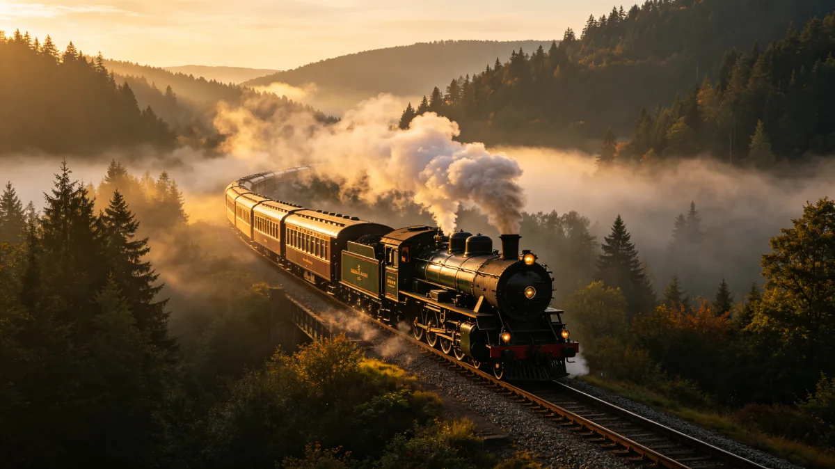 Steam Train Through Misty Forest