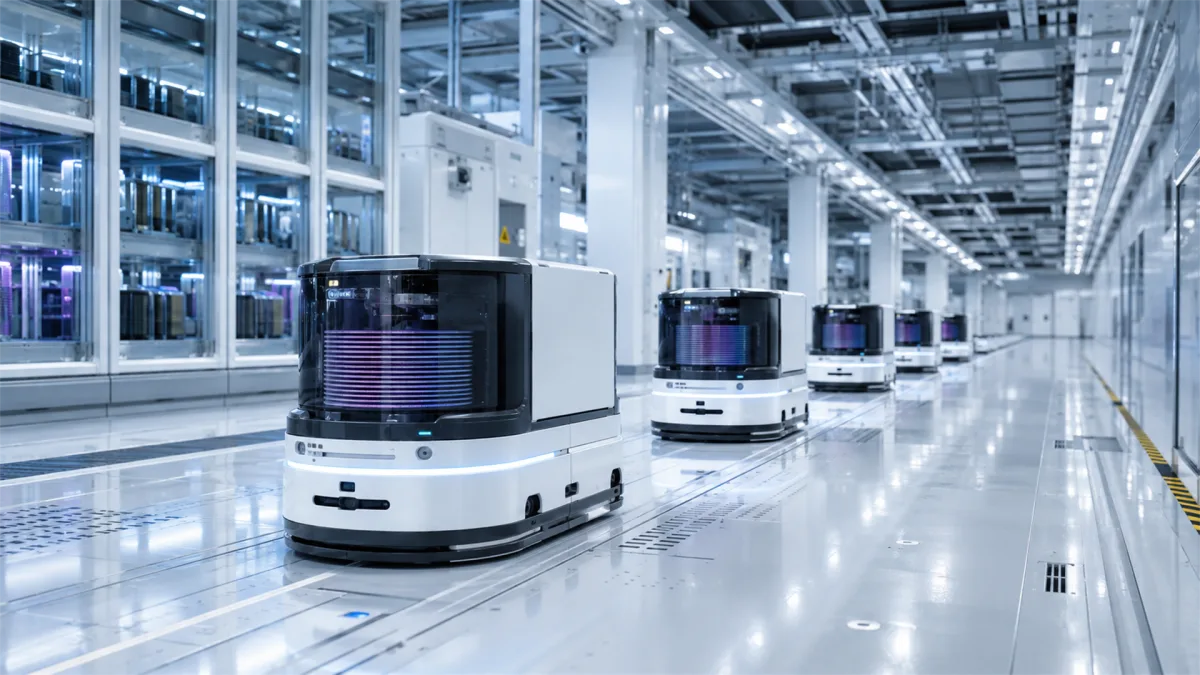 automated warehouse robots moving through clean fulfillment floor