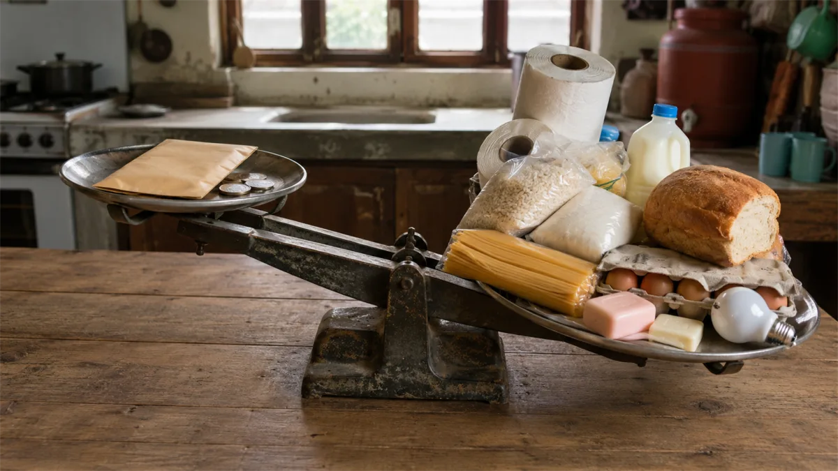 Bread, milk, eggs, and basic groceries sit on a kitchen scale, representing household staples, food inflation, and careful rationing.