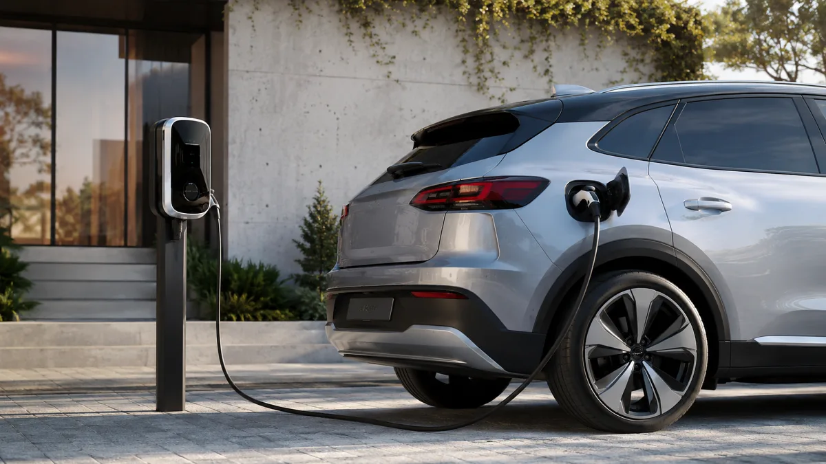 An electric car charges at a home charging post beside a modern house.