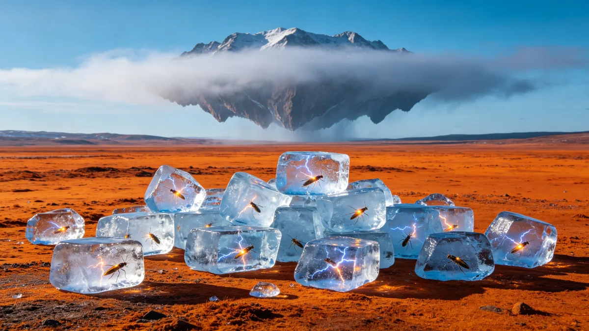 Ice cubes with tiny lights rest on an orange desert plain beneath a floating dark cloud.