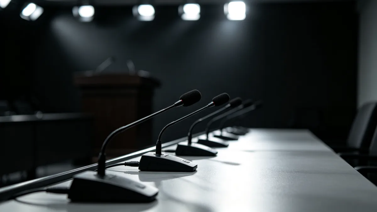 rows of microphones wait on a dark press conference table under spotlights.