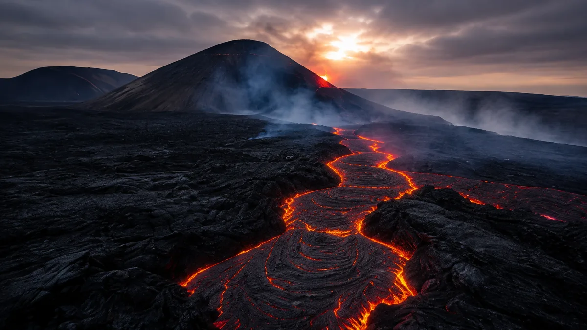 A red lava stream cuts across a dark volcanic plain at dusk.