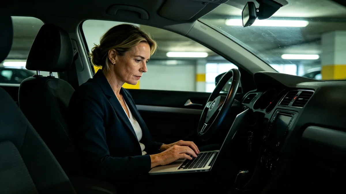 A woman types on a laptop from the driver seat of a parked car in a dim garage or evening setting, showing mobile work, urgent tasks, travel scheduling, and professional flexibility.