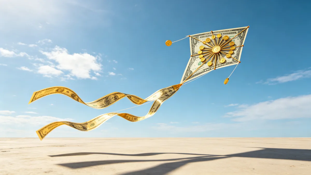 A kite made of banknote ribbons flies under a blue sky above a minimal landscape, creating a light metaphor for cash flow, freedom, financial lift, and money carried by changing winds.