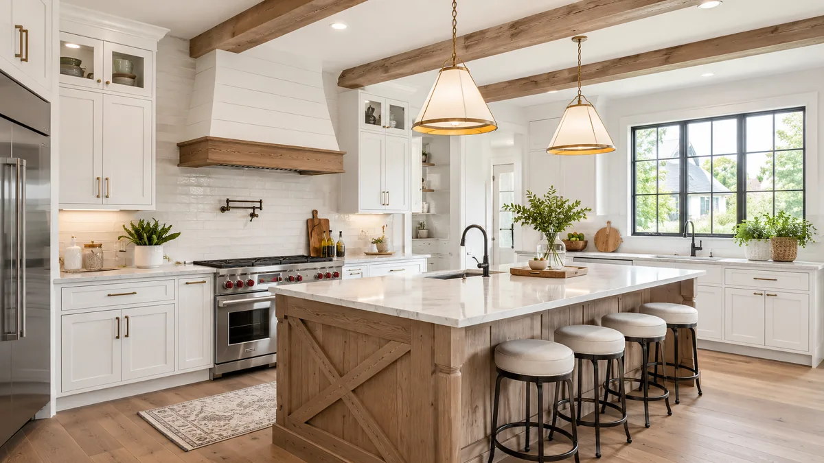 A white kitchen with a wood island, pendant lights, stools, and bright windows presents a clean staged home interior.