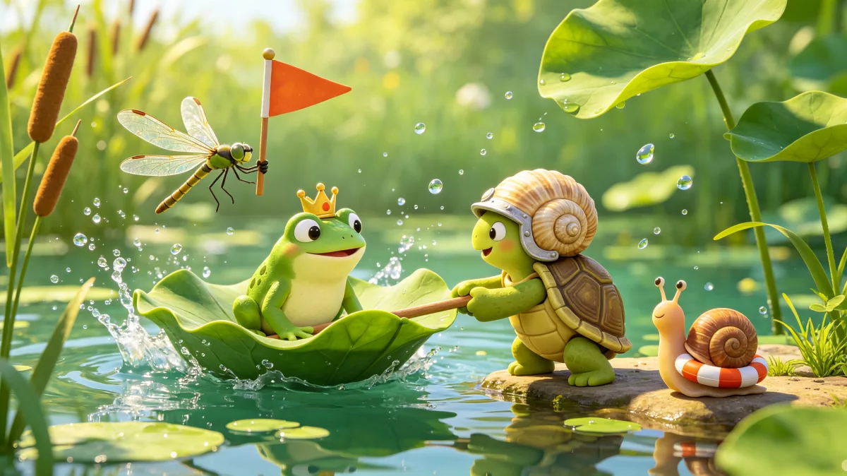 A colorful storybook cartoon scene featuring dragonfly visits frog and turtle pond, designed for playful children-friendly illustration use.