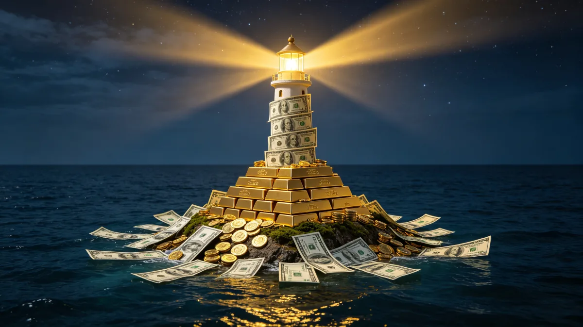 A tall lighthouse made of coins and banknotes shines a golden beam over dark water, creating a powerful safety and guidance metaphor for financial navigation, protection, and finding direction.
