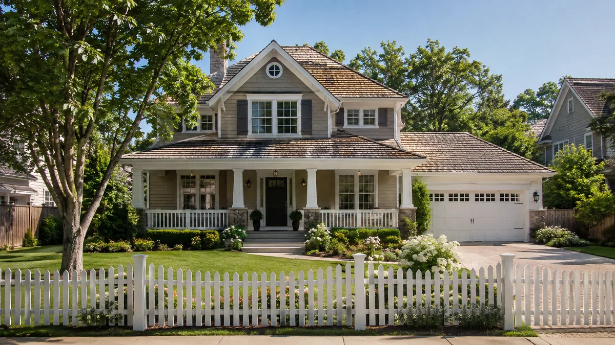 A classic suburban house with porch, dormers, mature trees, driveway, and white picket fence presents a family-home exterior.