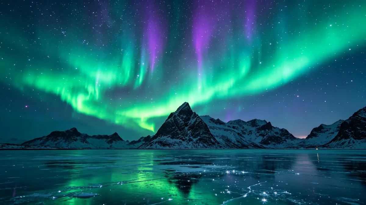 green aurora curtains glow above an icy mountain lake and dark peak.