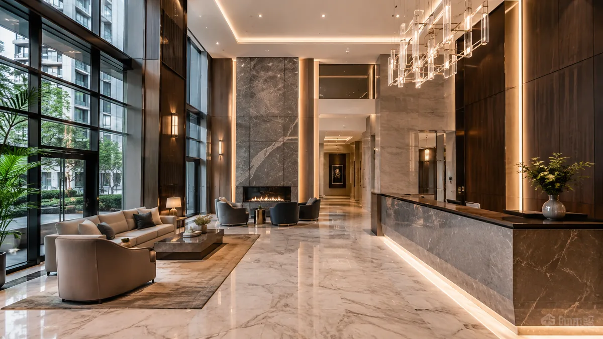 A luxury residential lobby combines marble floors, fireplace, tall walls, chandelier lighting, and hotel-style seating.