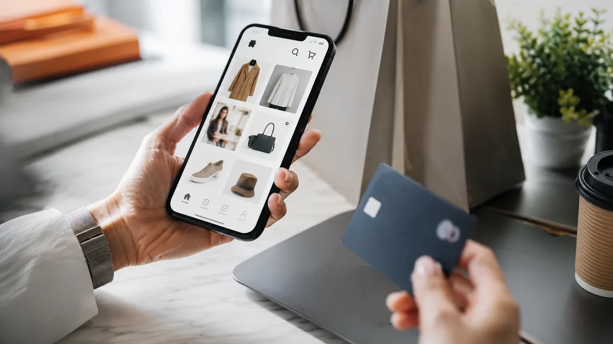 A hand holds a shopping app and bank card beside a laptop in a bright checkout scene.
