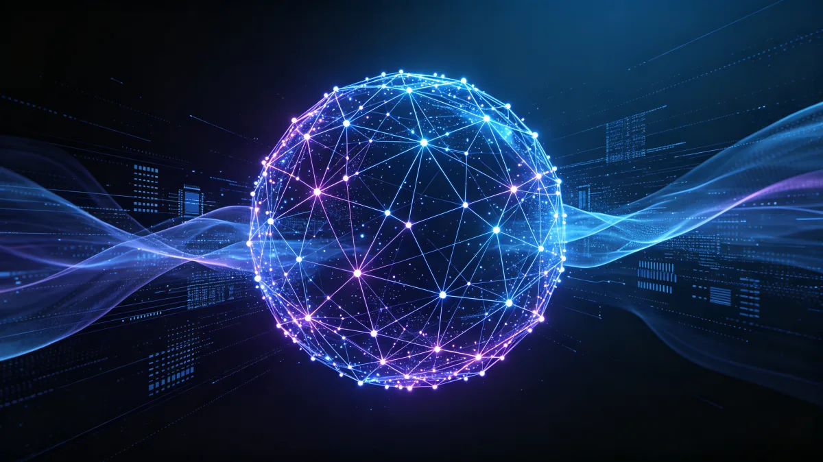 Glowing connected network sphere with blue and purple data waves