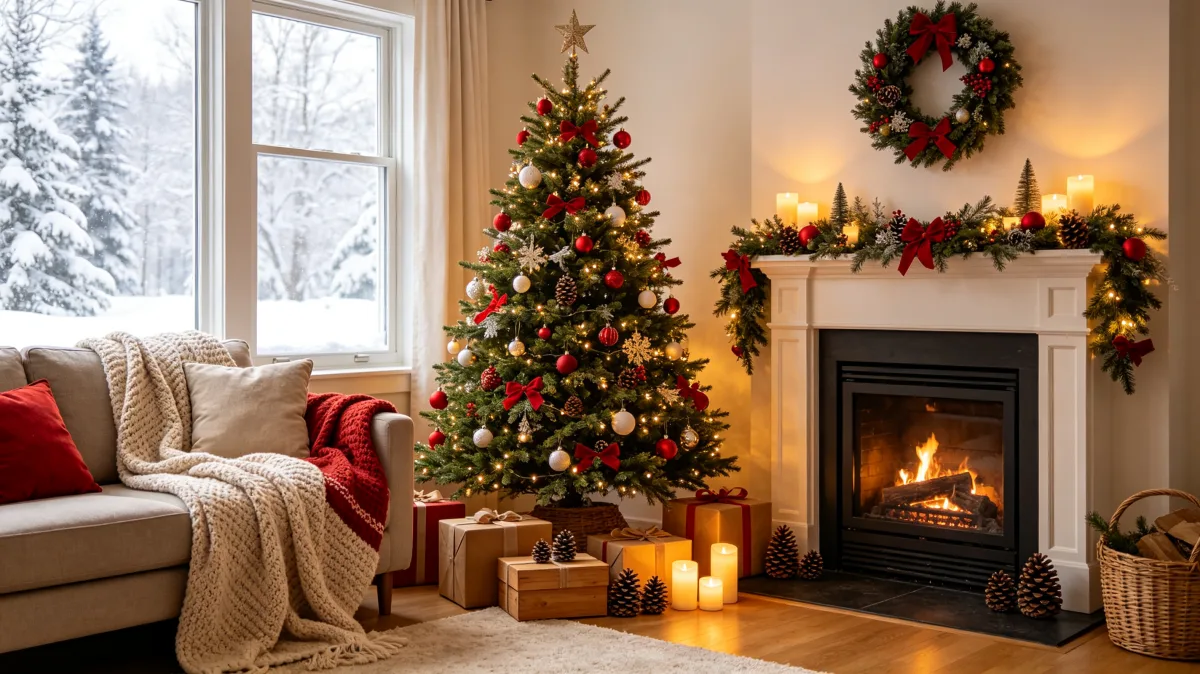 living room Christmas tree beside fireplace and snowy window