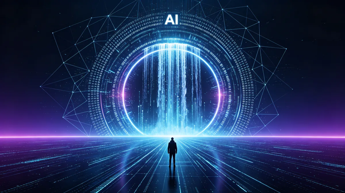 Person standing before glowing AI portal in dark digital landscape