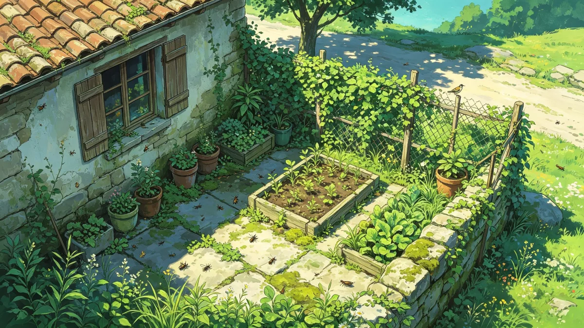 A rustic cottage courtyard has stone paving, potted plants, vines, and a raised vegetable bed in warm sunlight, showing a cozy green living space for gardening, slow life, homegrown food, and...