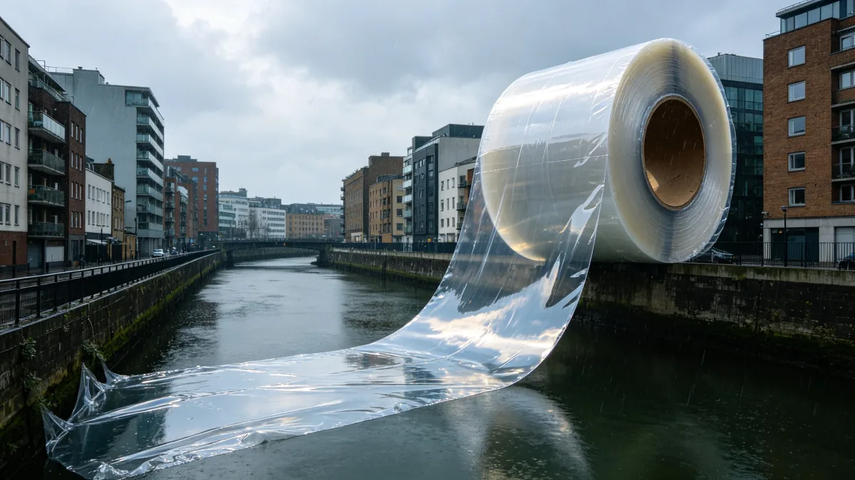 an oversized toilet paper roll unfurls beside a canal between apartment buildings, creating an absurd everyday-life concept about sanitation, shortages, domestic essentials, and public space.