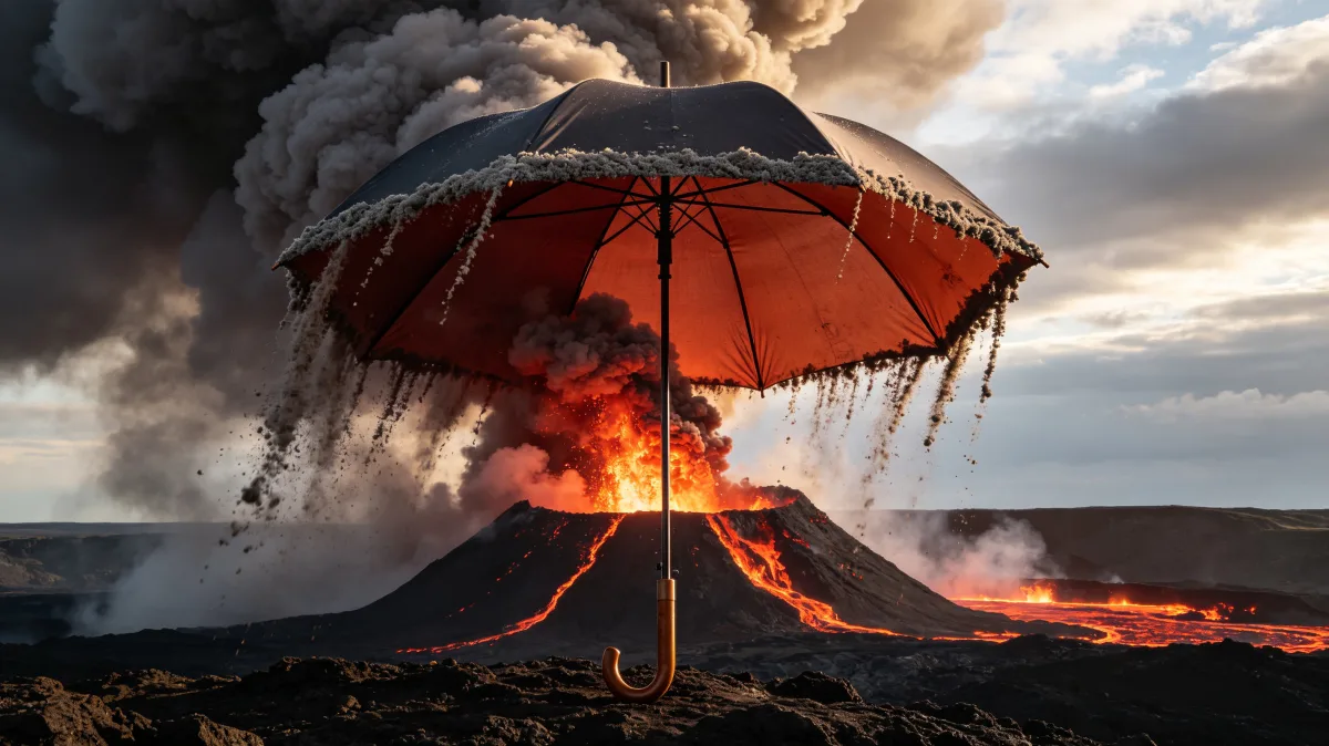 a huge umbrella stands between an erupting volcano and stormy sky, making a dramatic metaphor for protection against disaster, fragile safeguards, climate risk, and impossible emergency planning.