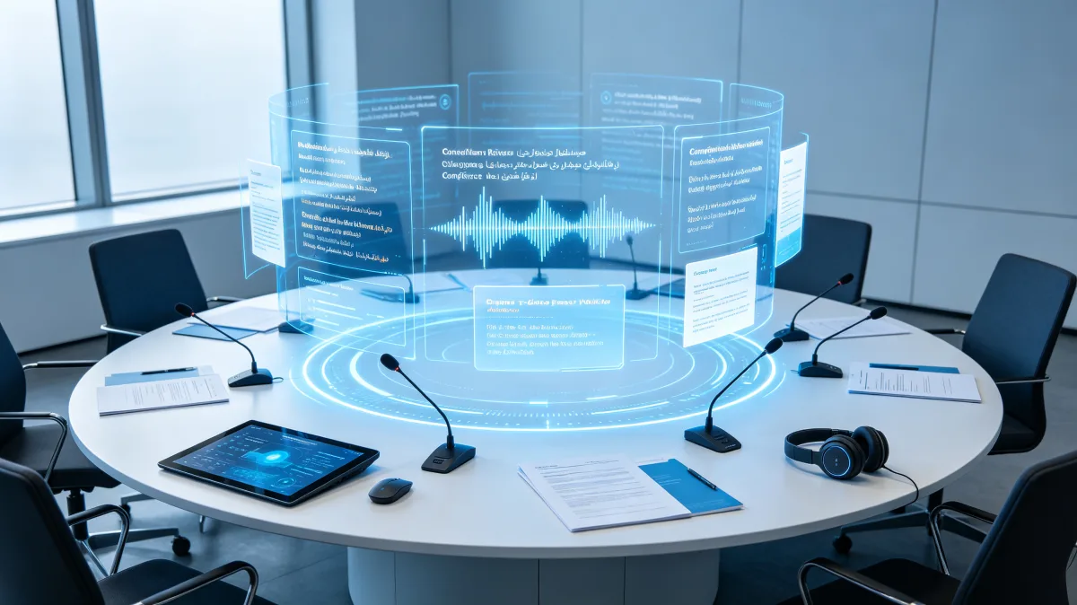 Conference room table with AI meeting summary hologram and digital audio waveforms