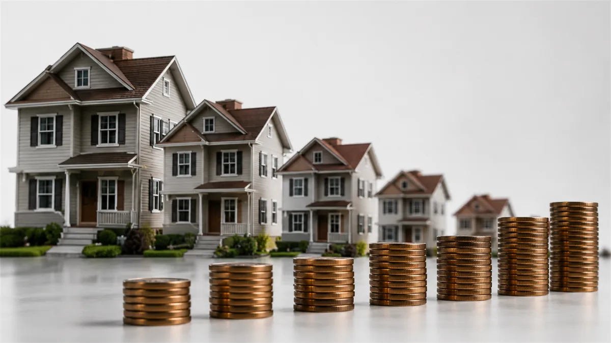 Small model houses stand in a row beside rising stacks of coins, showing property price growth, real estate investment, and housing market escalation.